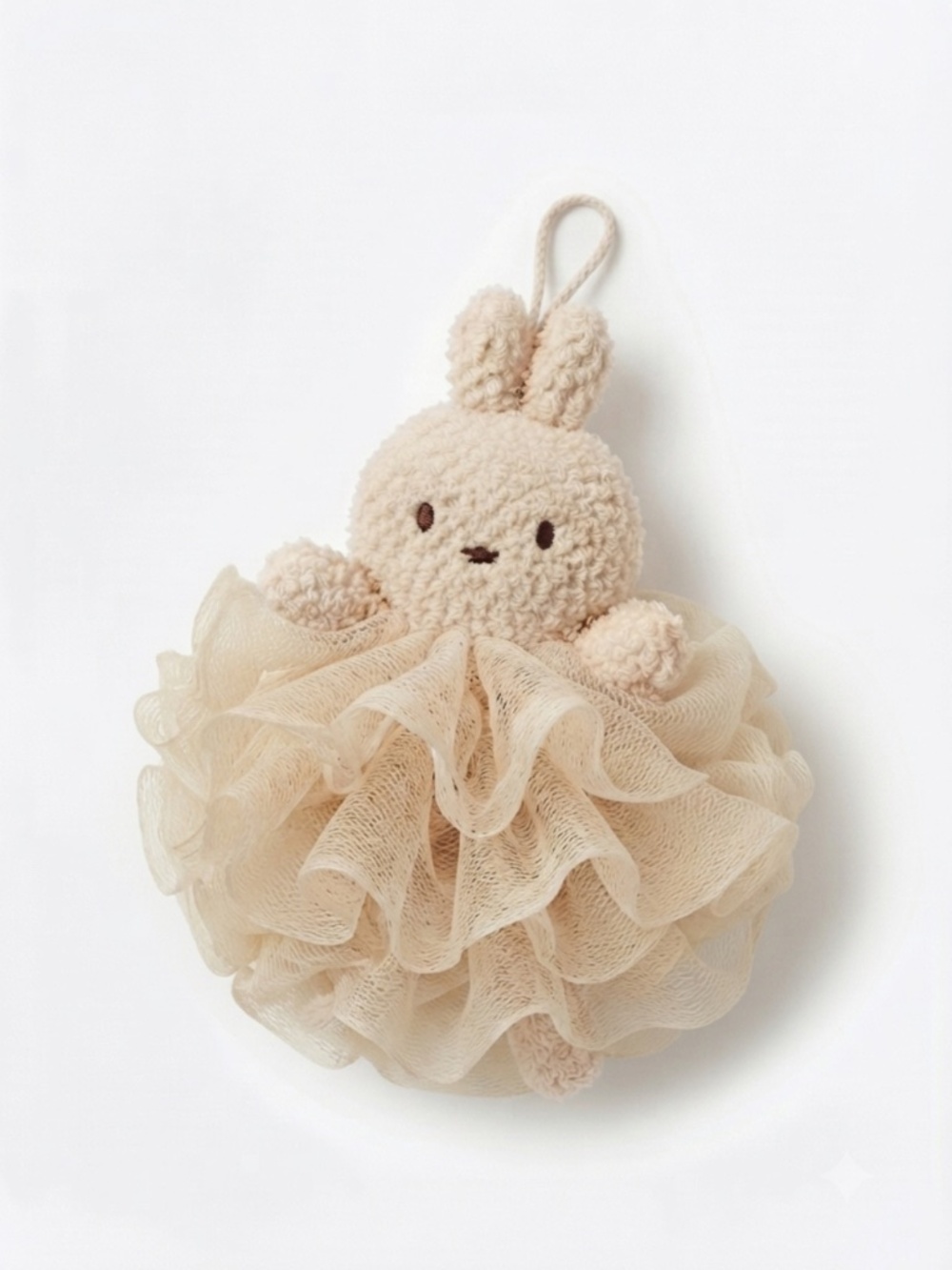 NWT Cute Bunny Loofah Shower Sponge with Hanging Loop Beige Plush